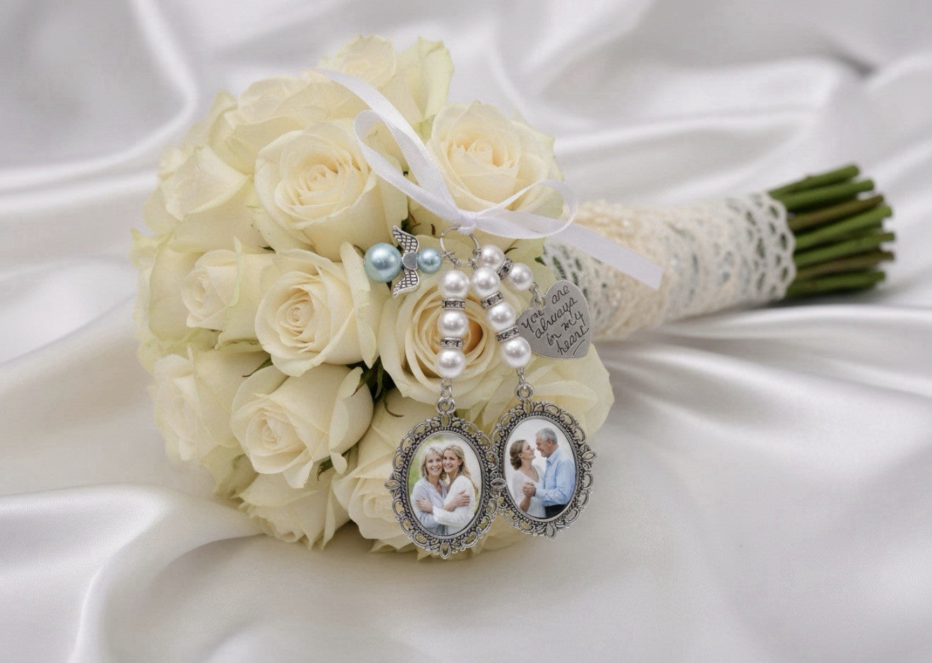 Personalised Wedding Bouquet Charm with Angel Wings, Memorial Photo Frame