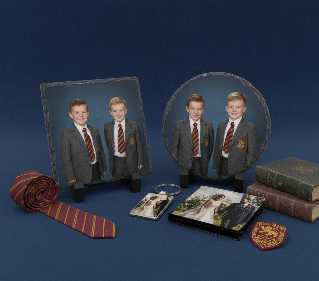 Personalised School Photo Gift Set: 3 Slates, Wallet & 2 Keyrings, UK Made