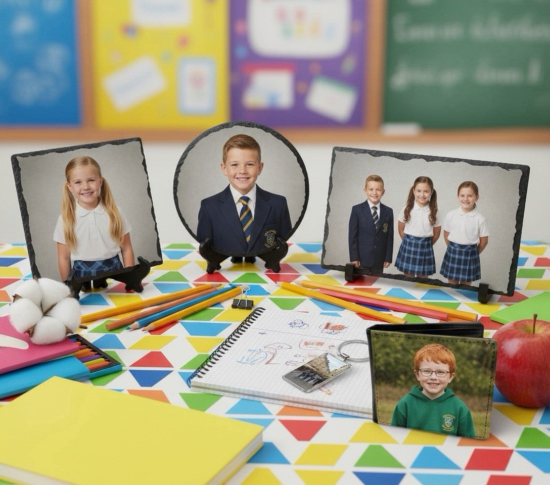 Personalised School Photo Gift Set: 3 Slates, Wallet & 2 Keyrings, UK Made
