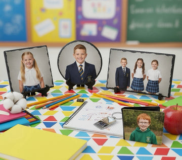 Personalised School Photo Gift Set: 3 Slates, Wallet & 2 Keyrings, UK Made
