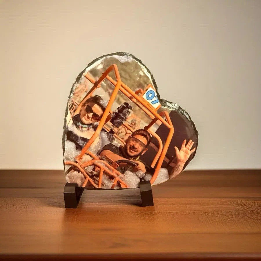 Personalised Heart Photo Slate Gift – Your Picture on Natural Stone with Stand