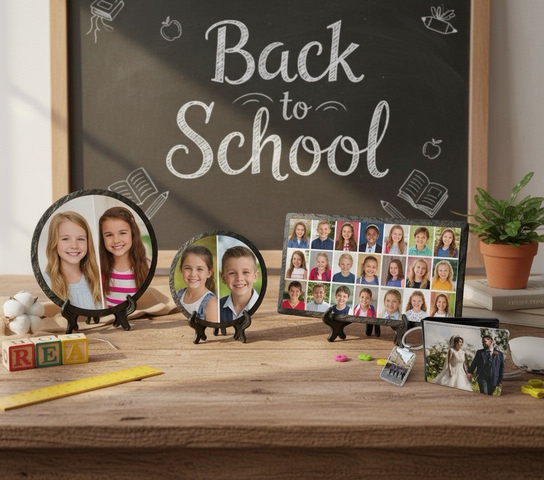 Personalised School Photo Gift Set: 3 Slates, Wallet & 2 Keyrings, UK Made