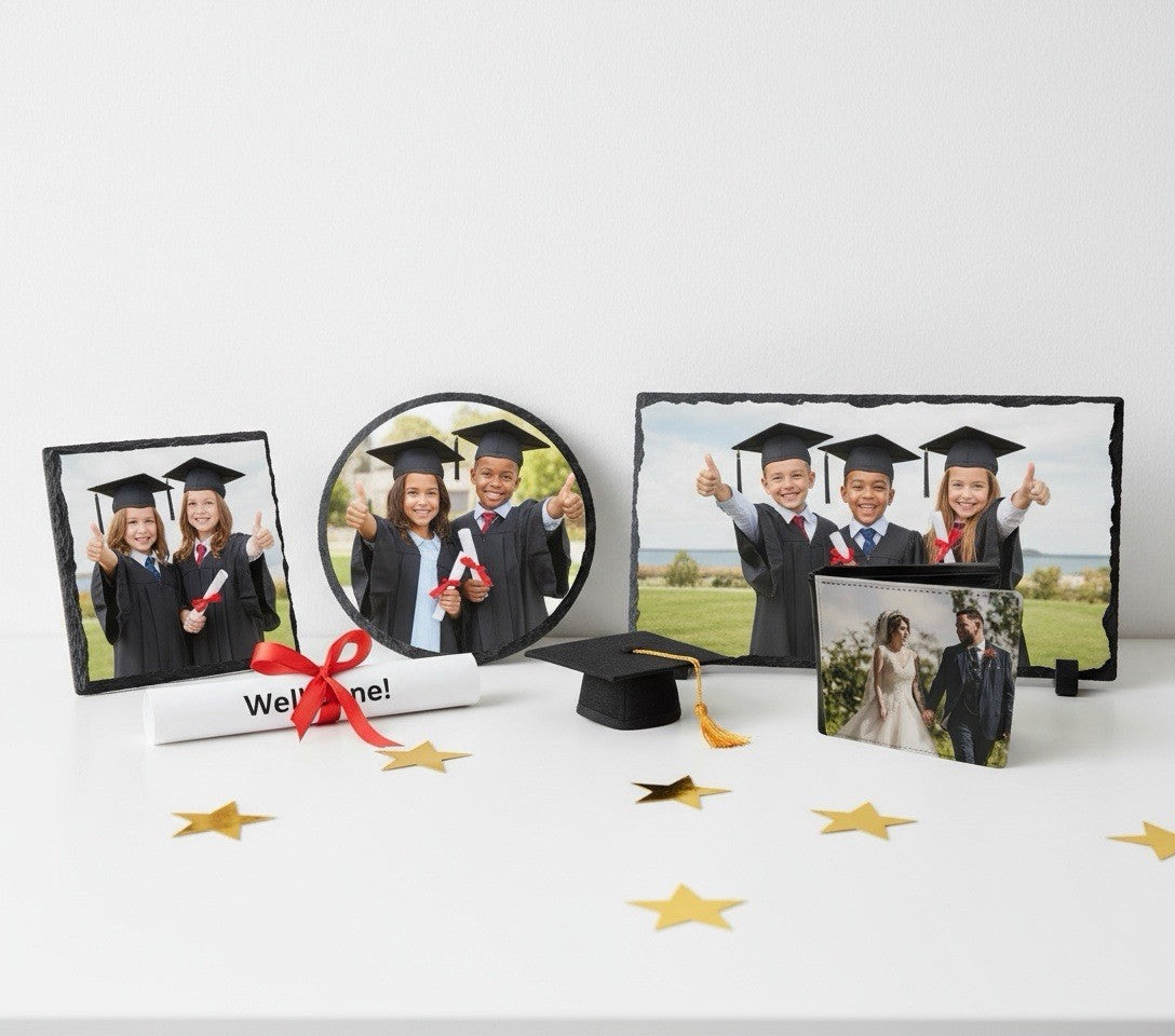 Personalised School Photo Gift Set: 3 Slates, Wallet & 2 Keyrings, UK Made