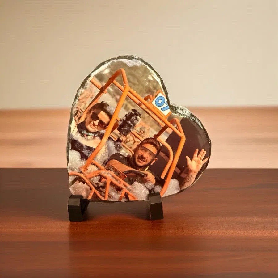 Personalised Heart Photo Slate Gift – Your Picture on Natural Stone with Stand