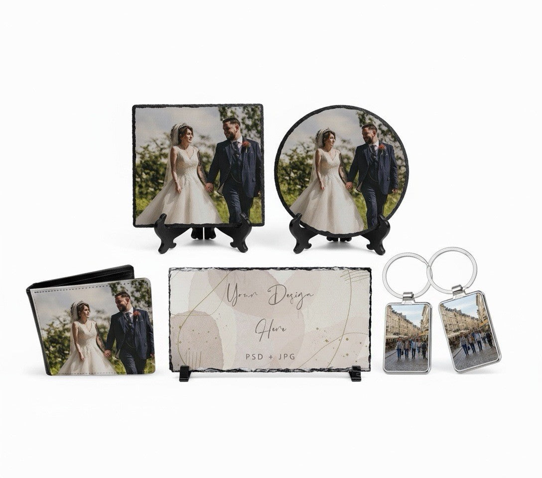Personalised Wedding Photo Gift Set: 3 Slates, Wallet & 2 Keyrings-UK Made