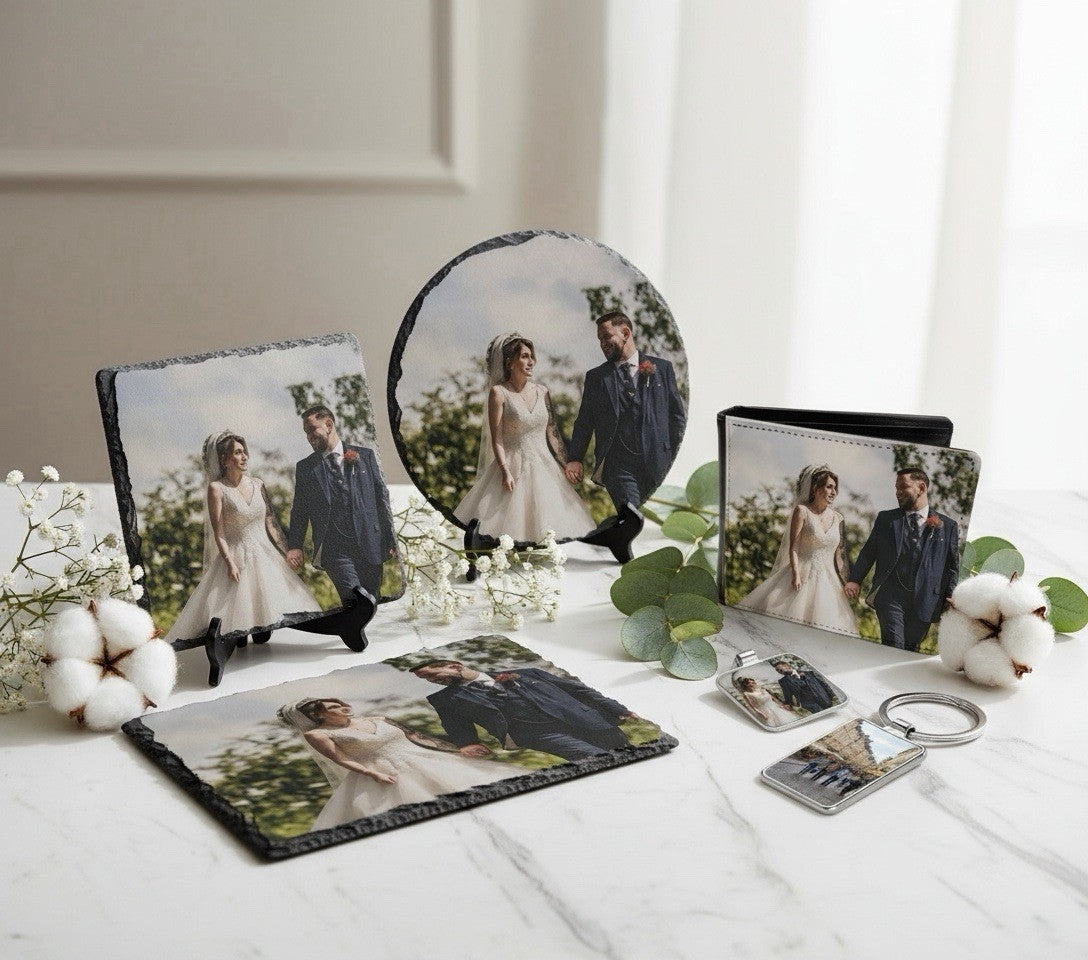 Personalised Wedding Photo Gift Set: 3 Slates, Wallet & 2 Keyrings-UK Made