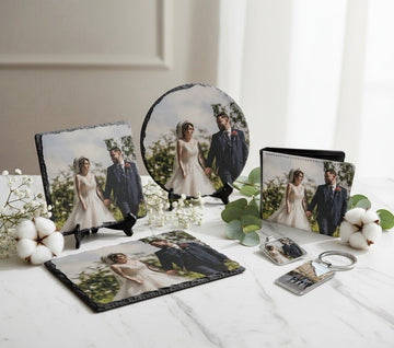 Personalised Wedding Photo Gift Set: 3 Slates, Wallet & 2 Keyrings-UK Made
