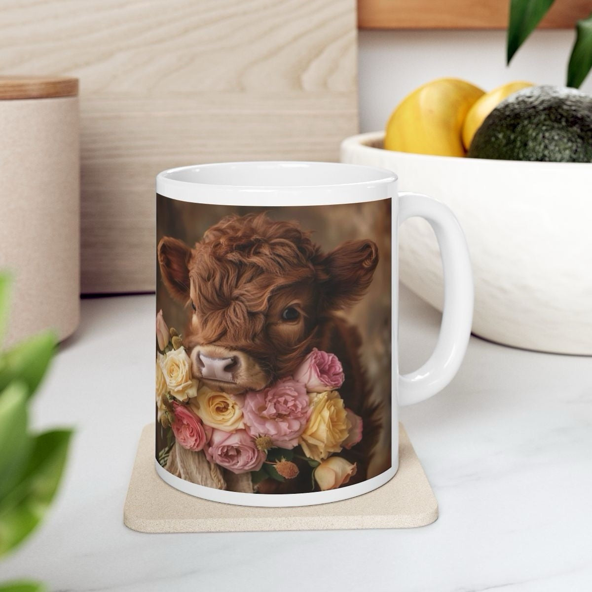 Highland Cow Floral Ceramic Mug - 11oz, Gift for Animal Lovers, Rustic