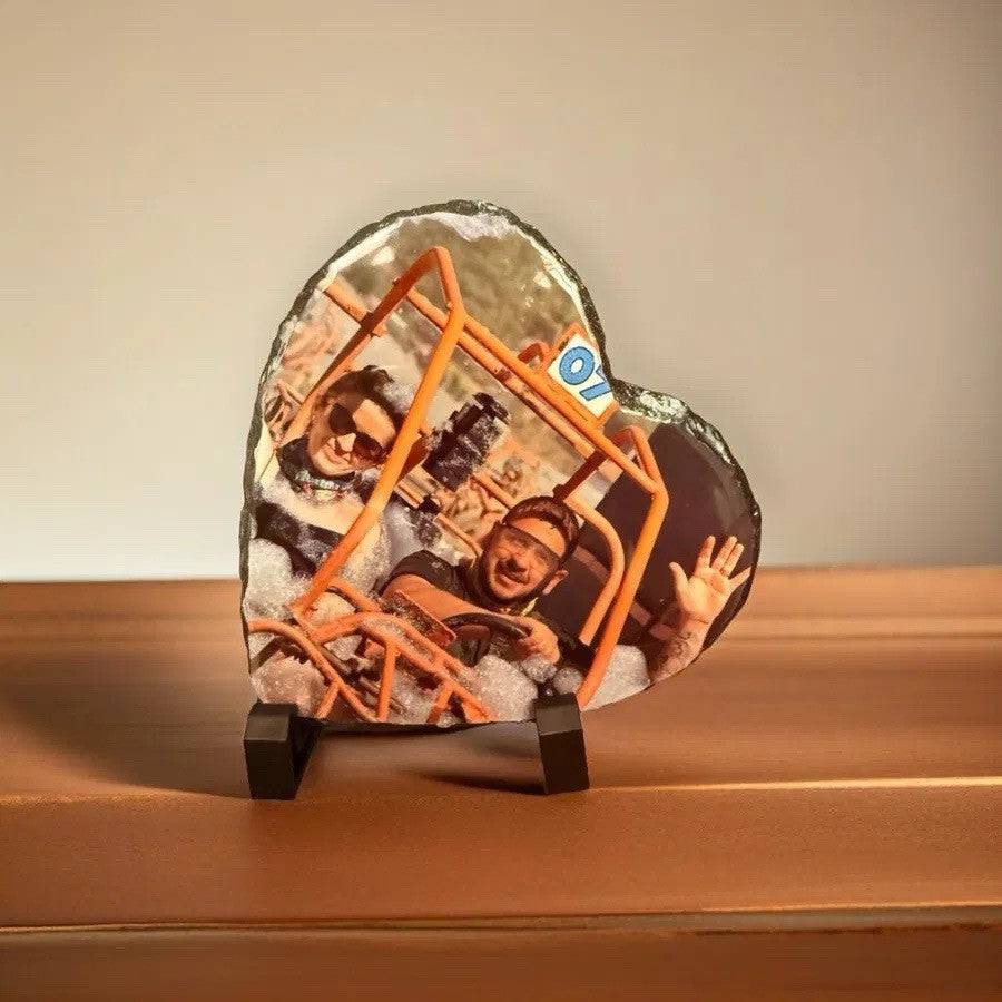 Personalised Heart Photo Slate Gift – Your Picture on Natural Stone with Stand