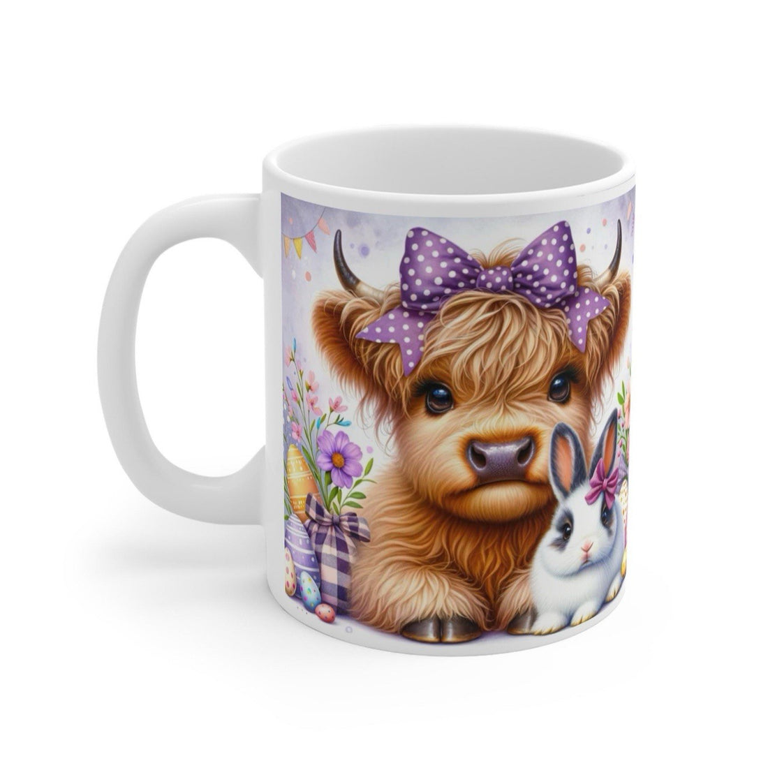 Highland Cow & Bunny Floral Ceramic Mug - Gift for Animal Lovers 11oz Mug