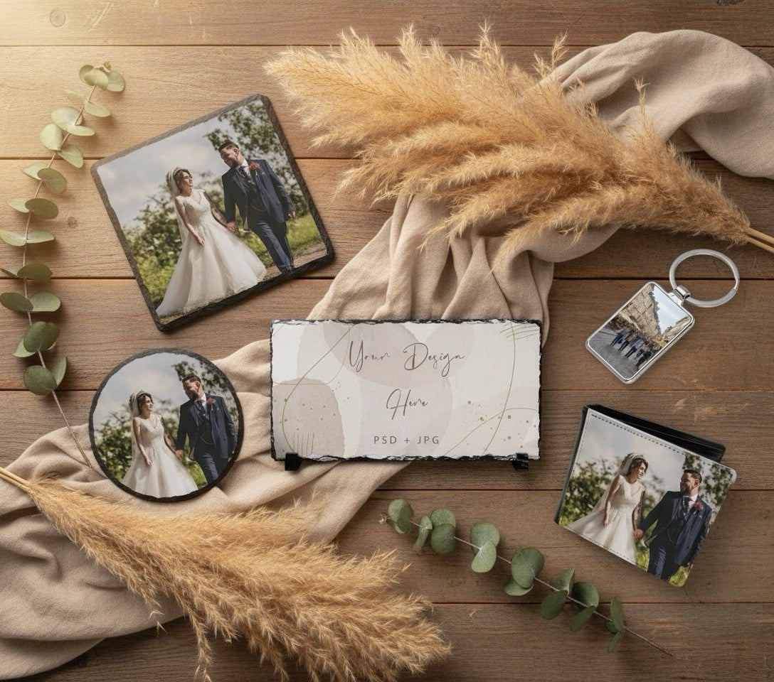 Personalised Wedding Photo Gift Set: 3 Slates, Wallet & 2 Keyrings-UK Made