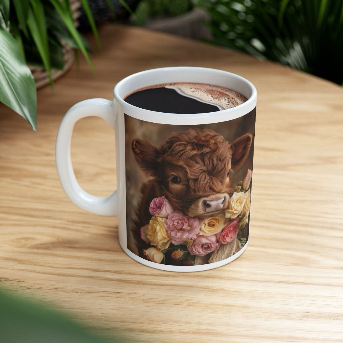 Highland Cow Floral Ceramic Mug - 11oz, Gift for Animal Lovers, Rustic