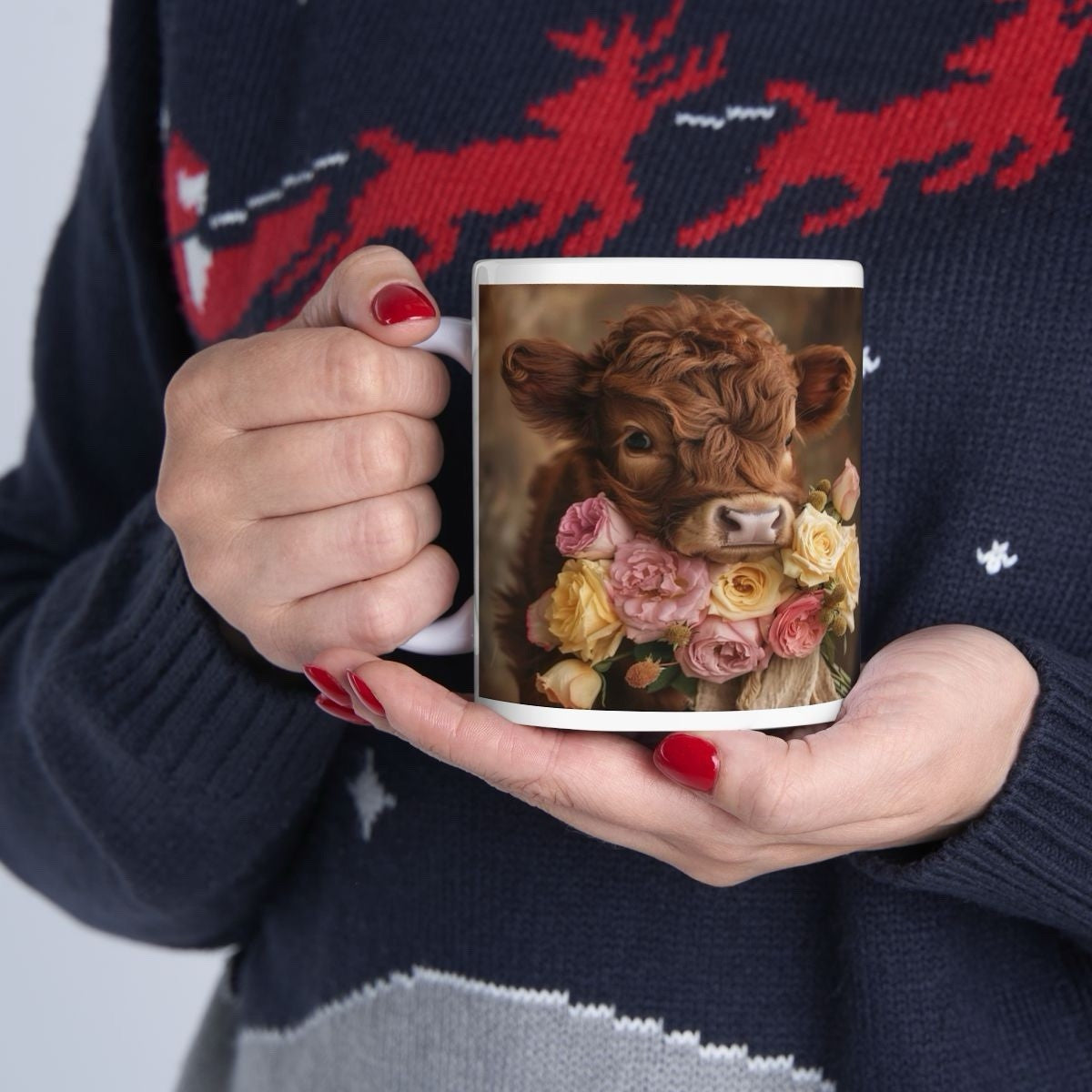 Highland Cow Floral Ceramic Mug - 11oz, Gift for Animal Lovers, Rustic