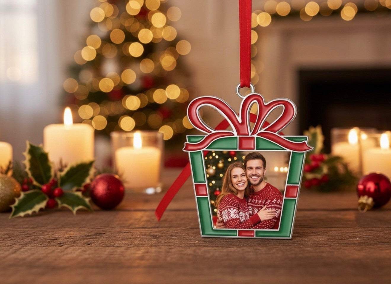 Personalised Photo Christmas Bauble Gift Box Ornament, Red-Green Keepsake