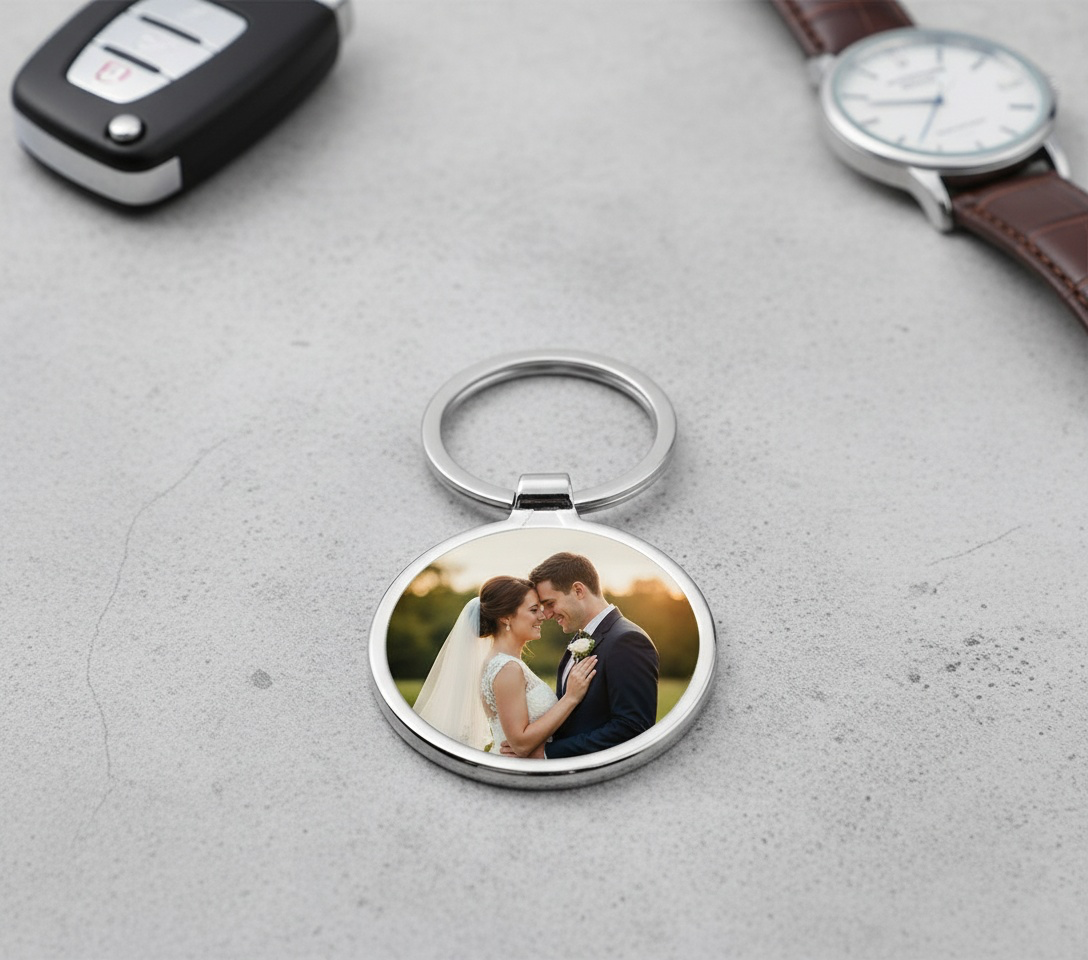 Personalised Photo Keyring Custom Round Metal Silver Gift UK Keepsake Gift