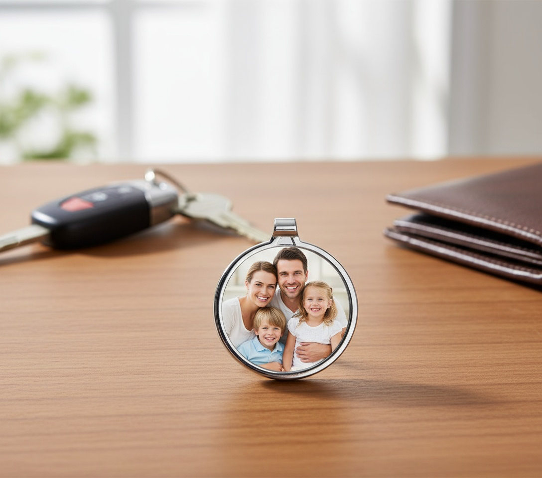 Personalised Photo Keyring Custom Round Metal Silver Gift UK Keepsake Gift