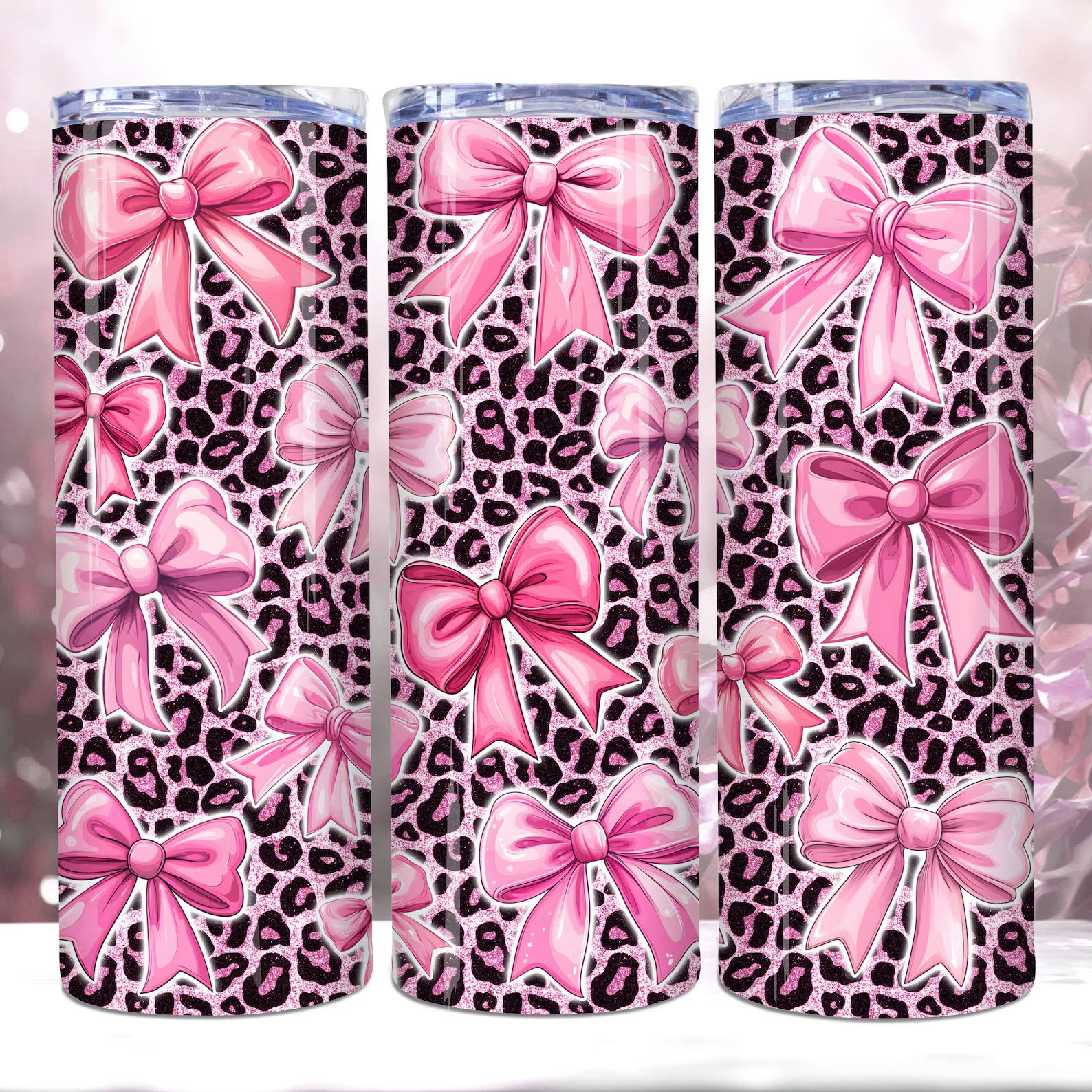 Pink Leopard Print 20oz Travel Tumbler Mug – Bow Coquette Style – Glitter Gift