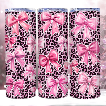 Pink Leopard Print 20oz Travel Tumbler Mug – Bow Coquette Style – Glitter Gift