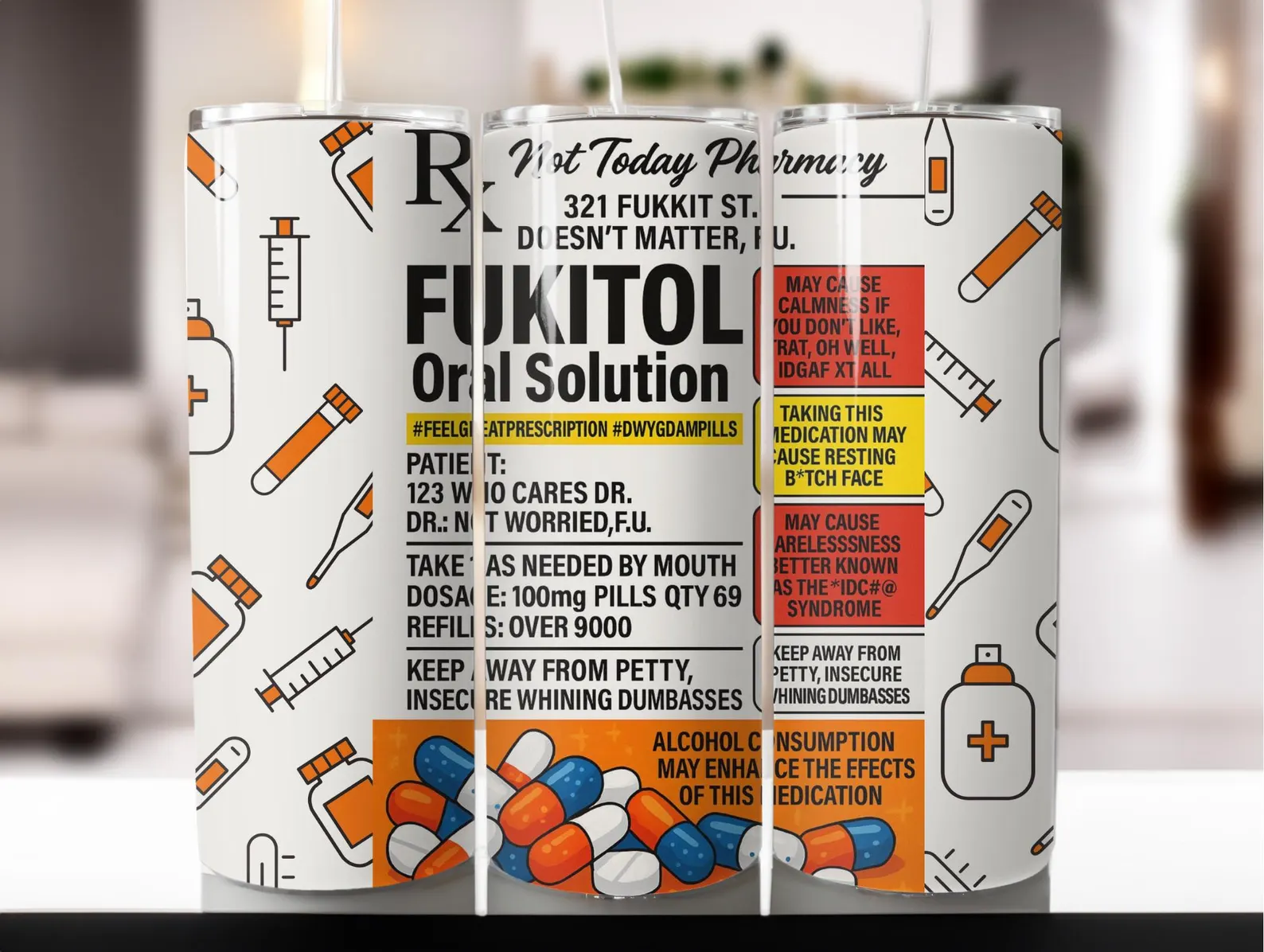 Funny Pharmacy Label 20oz Travel Mug - Coffee Flask: Hot or Cold Drinks