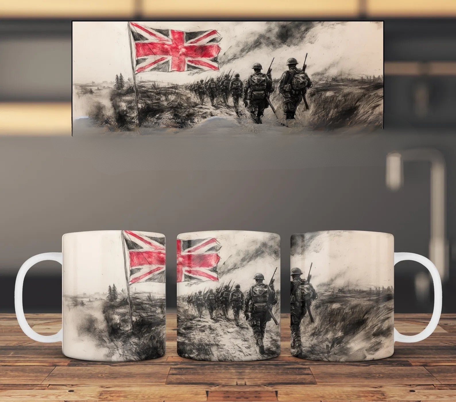 11oz Ceramic Mug Soldiers and Union Flag - British Pride Gift, Microwave