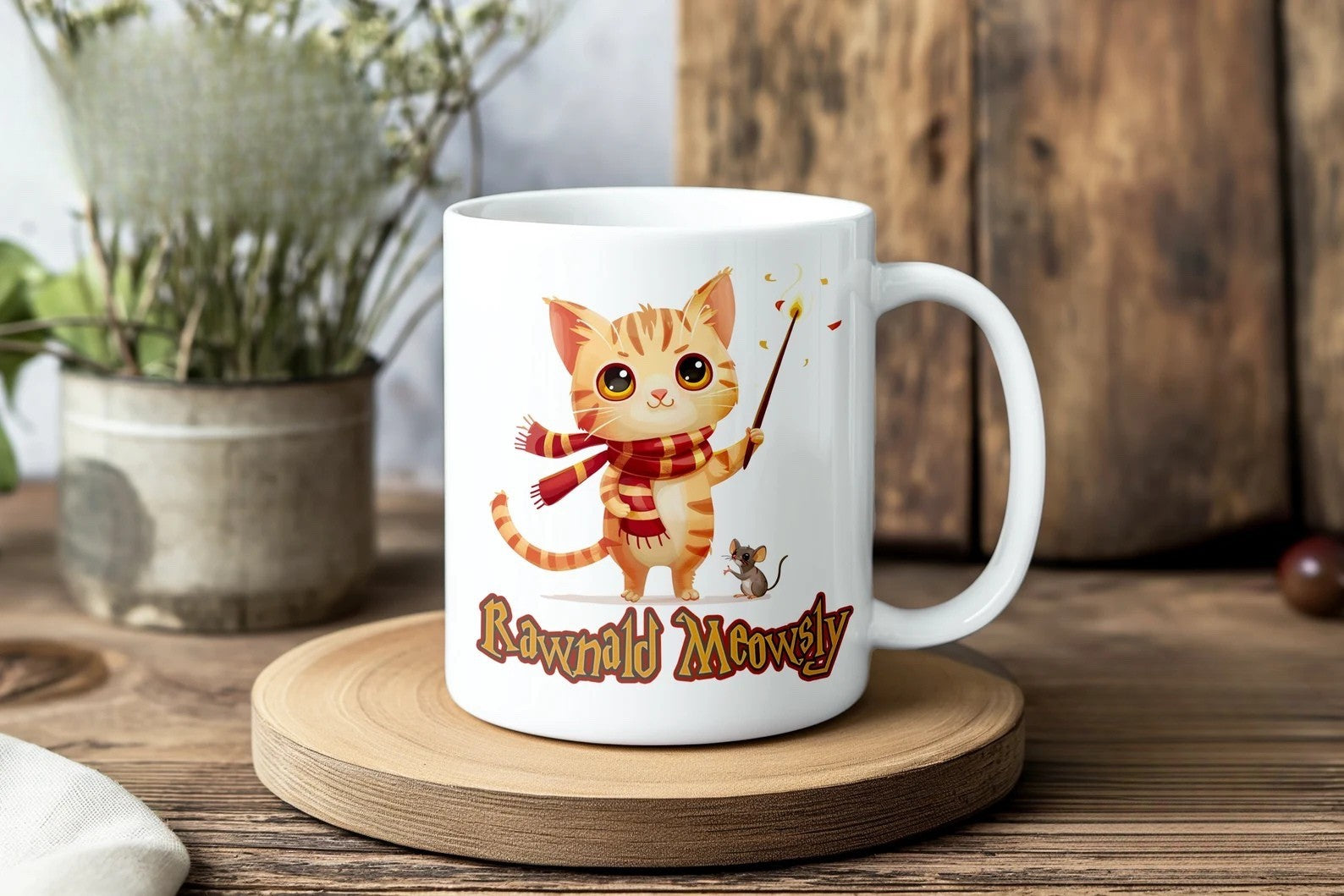 Funny Cat Potter Mug - Rawnald Meowsly Cat Wizard Coffee Cup for Cat Lovers