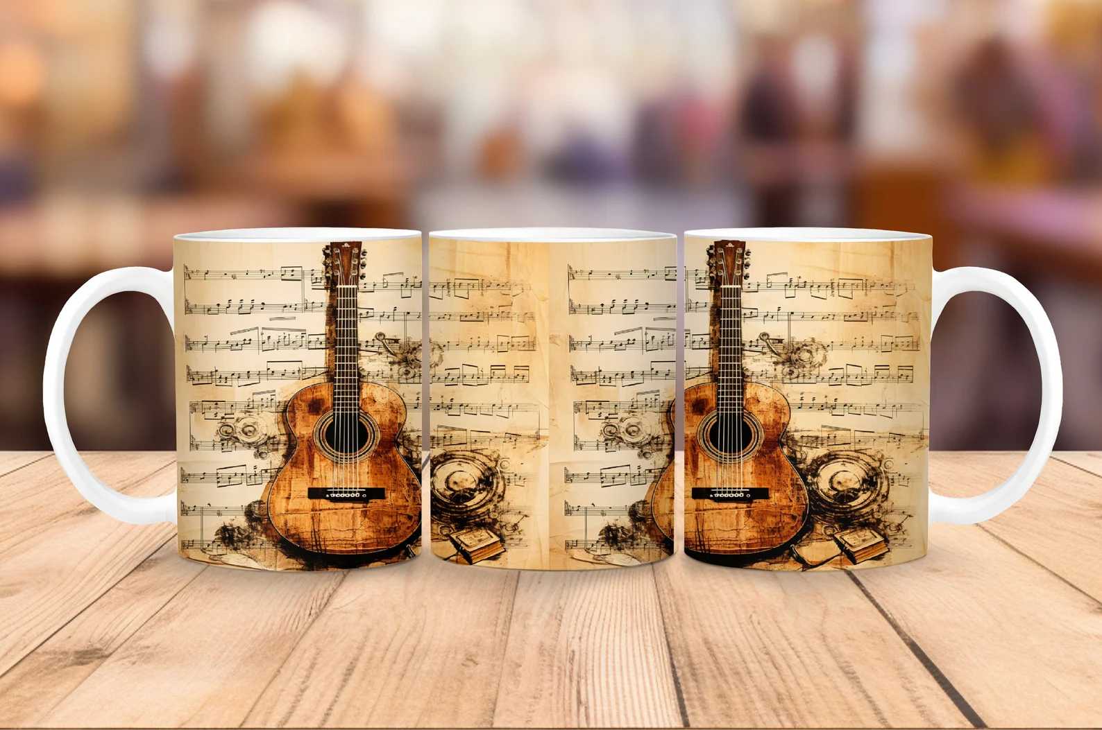 Guitar 11oz Ceramic Mug Antique Music Sheet Design Secret Santa Gift UK