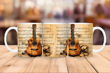 Guitar 11oz Ceramic Mug Antique Music Sheet Design Secret Santa Gift UK
