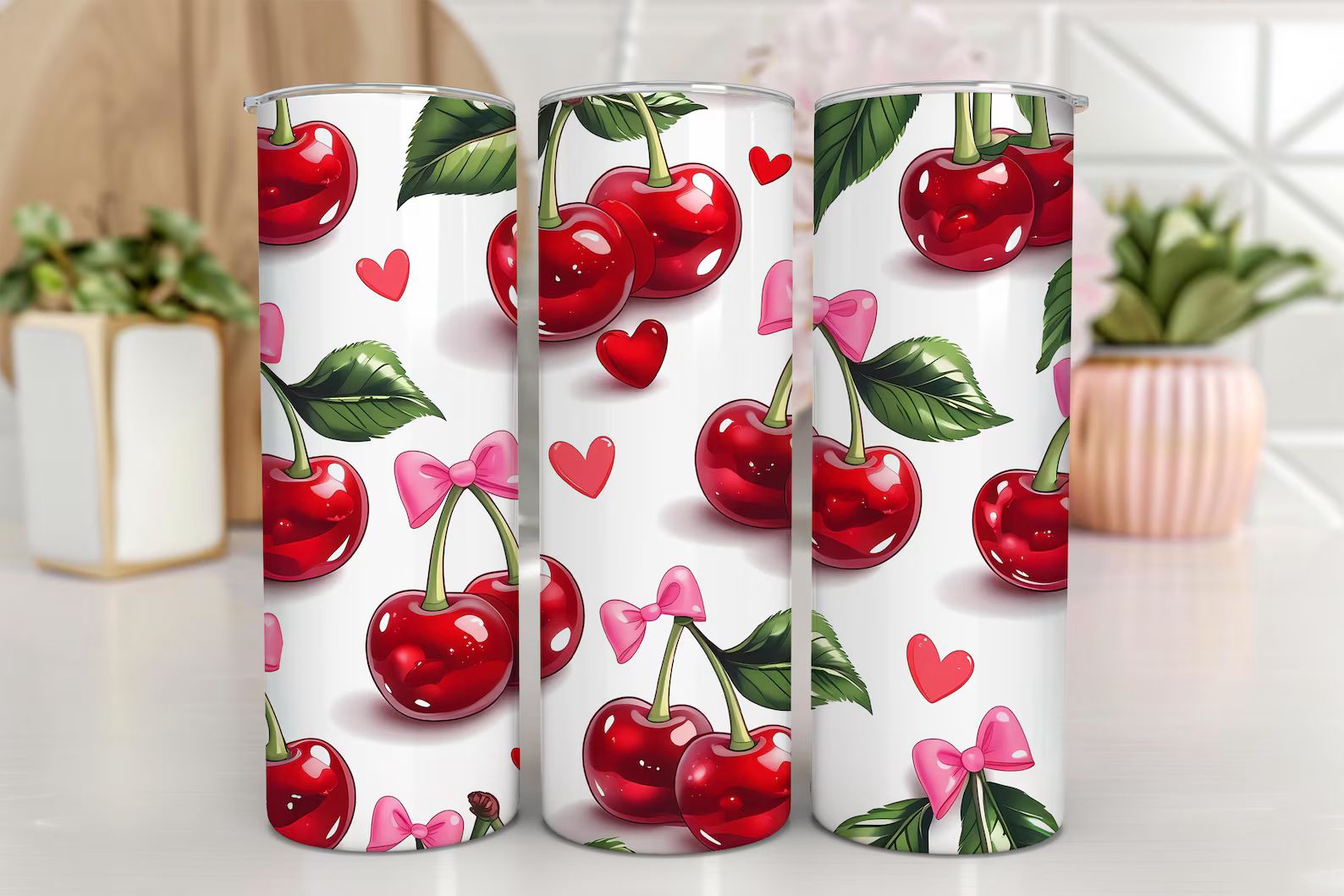 Cherry Bow 20oz Travel Tumbler Mug – Valentine Gift – Cute Romantic Cup