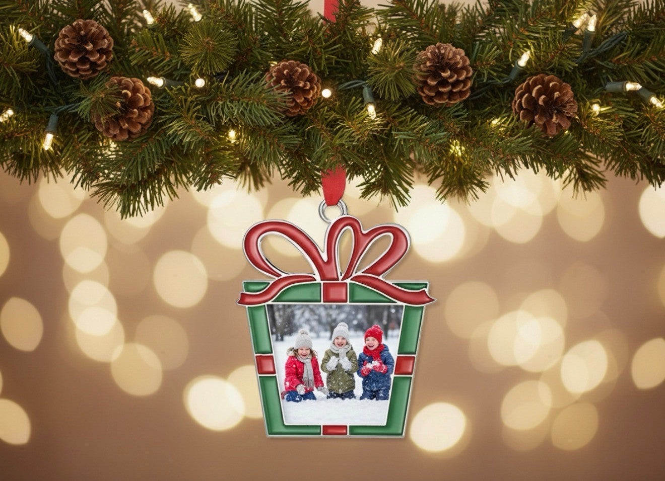 Personalised Photo Christmas Bauble Gift Box Ornament, Red-Green Keepsake