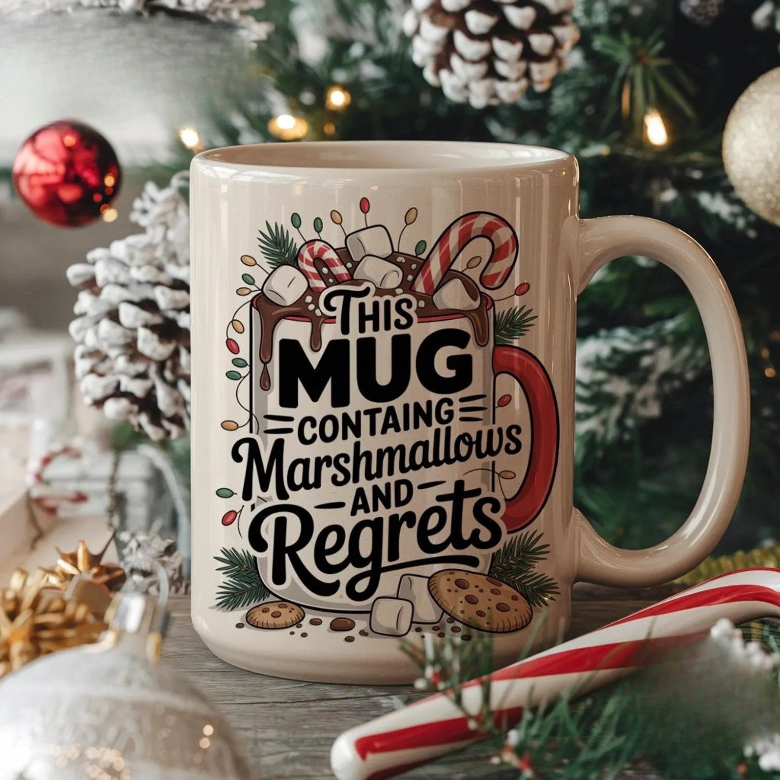 Funny Christmas Mug Marshmallows and Regrets Hot Cocoa Design