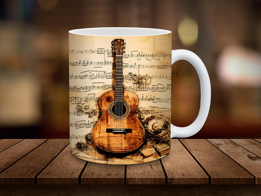 Guitar 11oz Ceramic Mug Antique Music Sheet Design Secret Santa Gift UK