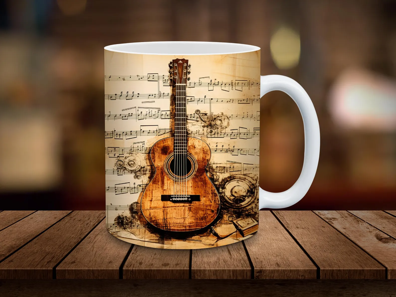 Guitar 11oz Ceramic Mug Antique Music Sheet Design Secret Santa Gift UK
