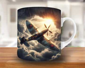 Flying Spitfire Mug - Clouds, Fighter Pilot Ceramic Cup, UK Made Gift Idea