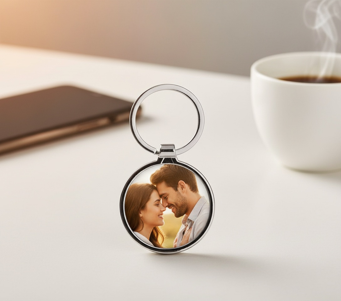 Personalised Photo Keyring Custom Round Metal Silver Gift UK Keepsake Gift